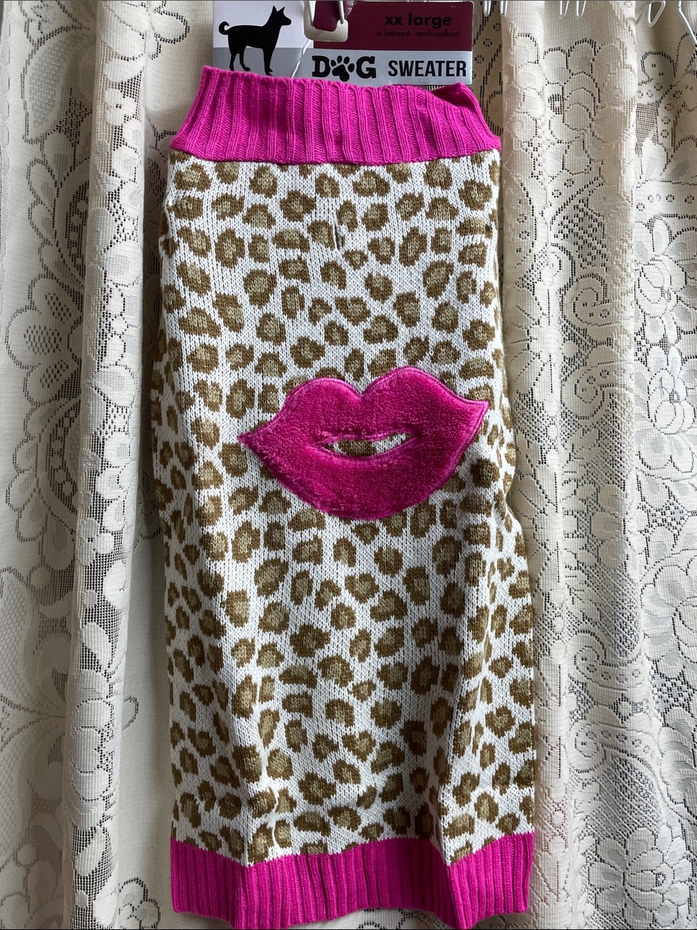 Leopard Knit Dog Sweater with Hot Pink Trim and Lip Patch XX Lg NWT